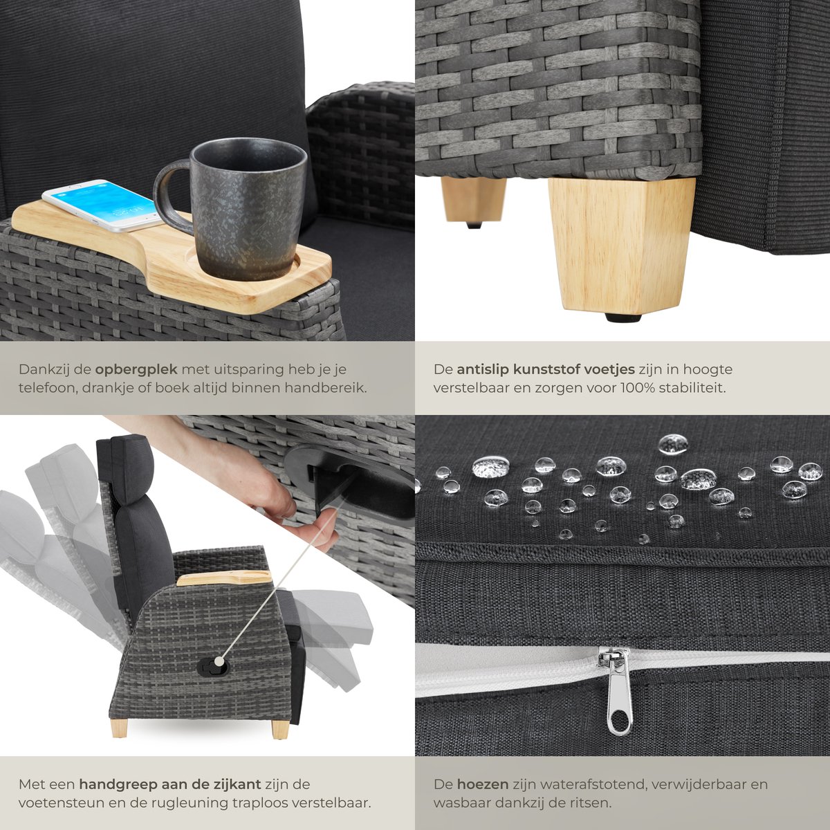 tectake® Set van 2 Wicker Buitenfauteuils - Tuinstoel met Hoge Rugleuning - Met Voetsteun en Verstelbare Rugleuning - Relaxstoel met Ligfunctie - Loungestoel voor Tuin - Ligstoel - Leesstoel - Incl. Ruimte voor Beker/Glas – foto 6
