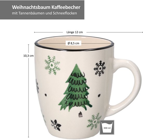 Koffiemok met kerstboompatroon, afmetingen 12 cm lang, 10,3 cm hoog, diameter 8,5 cm, 300 ml.