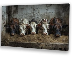 Koeien in een oude stal - Koeien canvas kunst - Muurkunst dieren - Realisme - Modern schilderij - Kunst aan de muur - canvas 90x60 cm