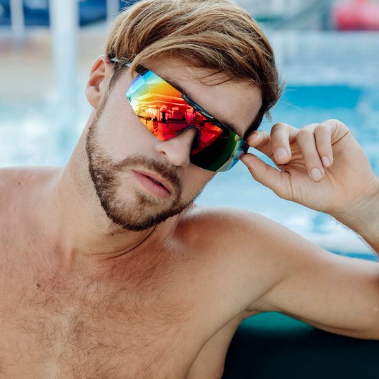 Zonnebril - Fiets - Sport - Festival bril - Rave - Voor heren en dames - Semi randloos - Glanzend - Zwart - Multicolor spiegelglas van Onbekend — afbeelding 3