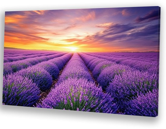 Lavendelveld in volle bloei - Lavendel canvas schilderij - Wanddecoratie canvas bloem - Hyperrealisme - Landelijke schilderijen - Kunst - canvas 100x75 cm