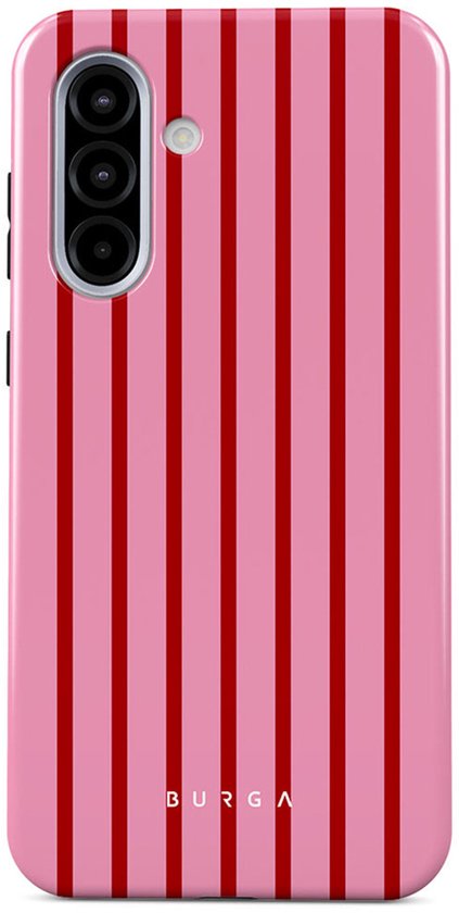 Achterkant van smartphonehoesje met verticaal gestreept patroon in roze en rood.