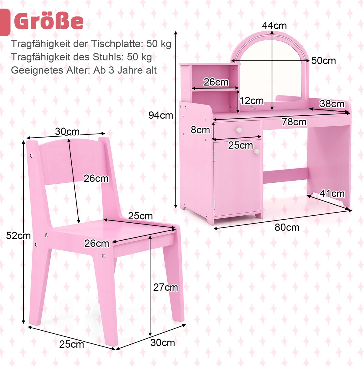 COSTWAY 2-in-1 kinder kaptafel, make-uptafel met kruk, ledverlichting, spiegel, kast en lade, kinderkaptafelset, kaptafel van hout voor meisjes, voor kinderen vanaf 3 jaar (roze) — afbeelding 2