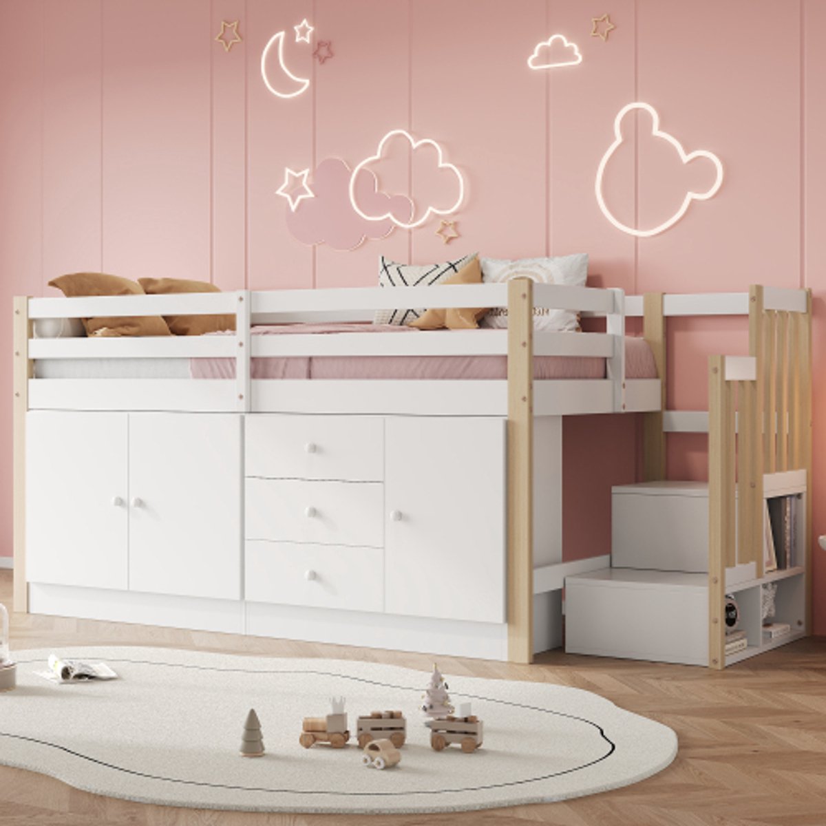 Merlooks Kinderhoogslaper, kinderbed, eenpersoonsbed, multifunctioneel kinderbed, met trap, met laden, met 2 opbergkasten en kledingroede, zonder matras, wit 90*200