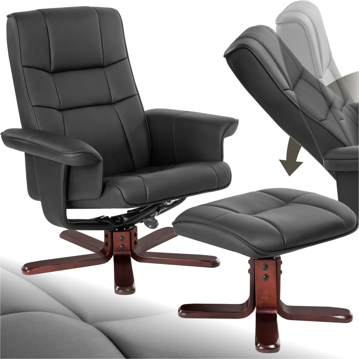tectake® Relaxfauteuil met Voetenbank - TV Fauteuil - Handmatig Verstelbaar - Relaxstoel met Ligfunctie - Draaibare Slaapfauteuil - Comfortabele Lees- en Slaapstoel voor Woonkamer en Slaapkamer - Zwart/Bruin