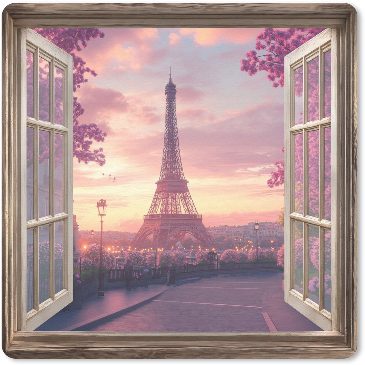 Muismat 30x30 cm - Mousepad Doorkijk - Parijs - Eiffeltoren - Roze - Kersenbloesem - Muismatten