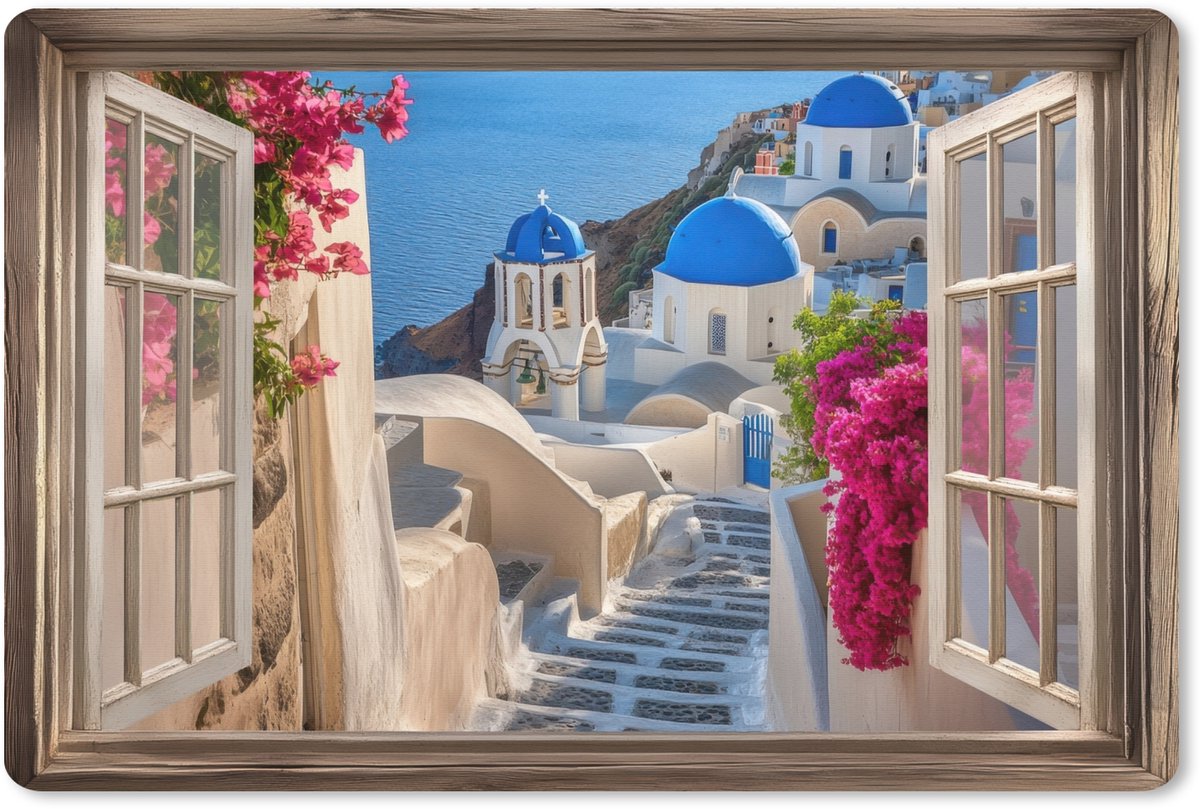 Muismat XXL 90x60 cm - Bureau onderlegger - Bureau mat Doorkijk - Santorini - Landschap - Blauw - Grieks - Bureaumat - Gaming mousepad xl - Bureaulegger groot - Computer deskmat