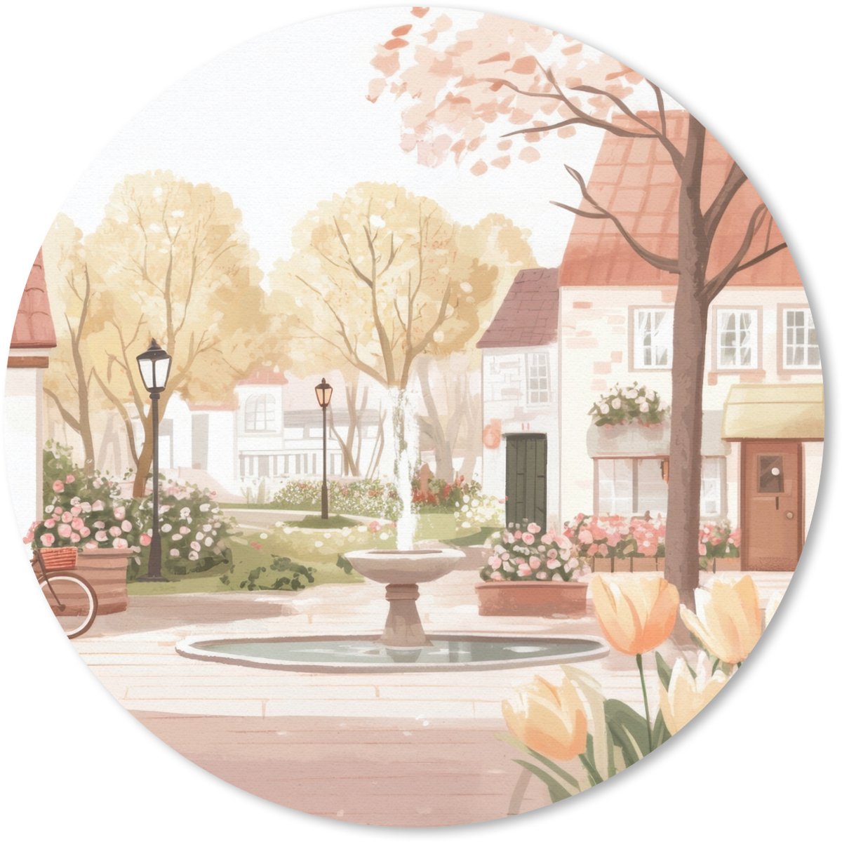 Muismat rond 40x40 cm - Mousepad Dorpsplein - Fontein - Tulpen - Ronde muismatten