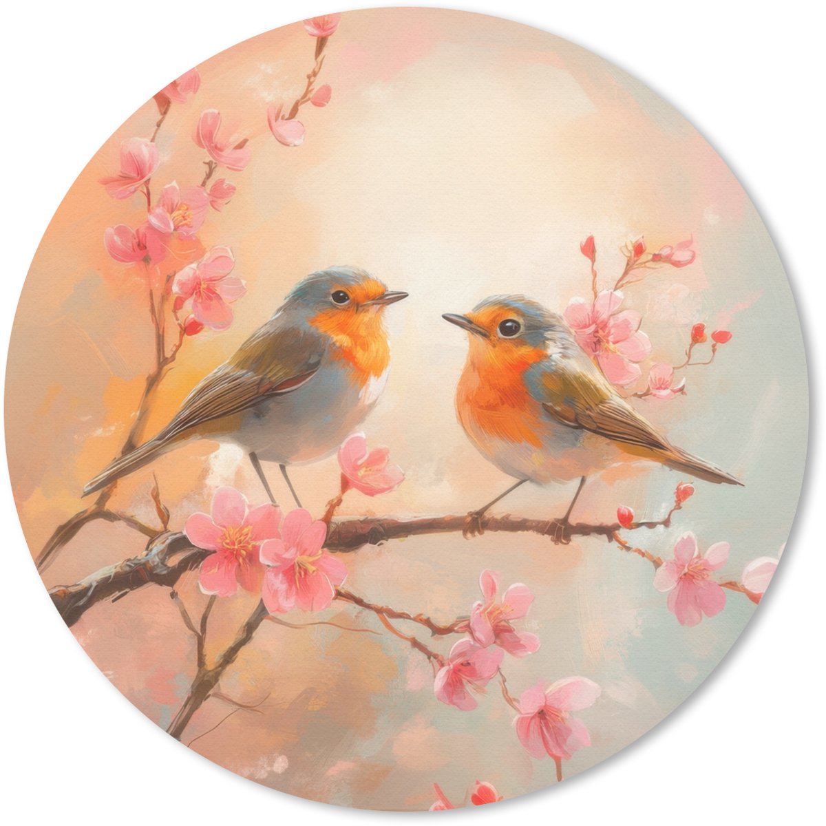 Muismat rond 20x20 cm - Mousepad Roodborstjes - Sierlijk - Bloesemtak - Ronde muismatten