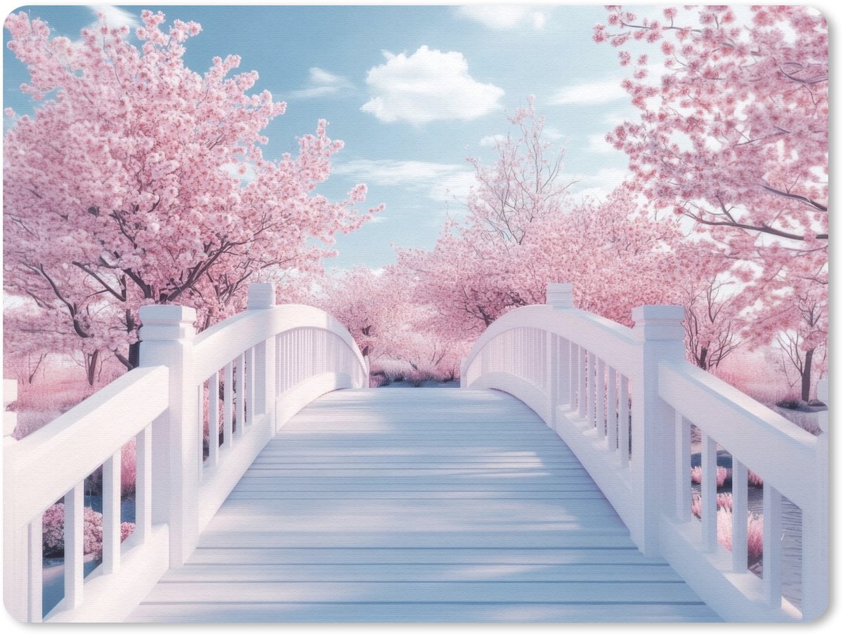 Muismat 23x19 cm - Mousepad Brug - Kersenbomen - Wit - Muismatten