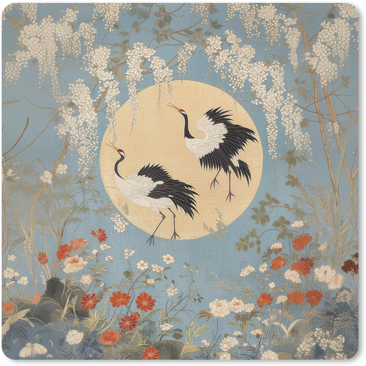 Muismat 30x30 cm - Mousepad Kraanvogels - Maan - Bloemen - Blauw - Muismatten