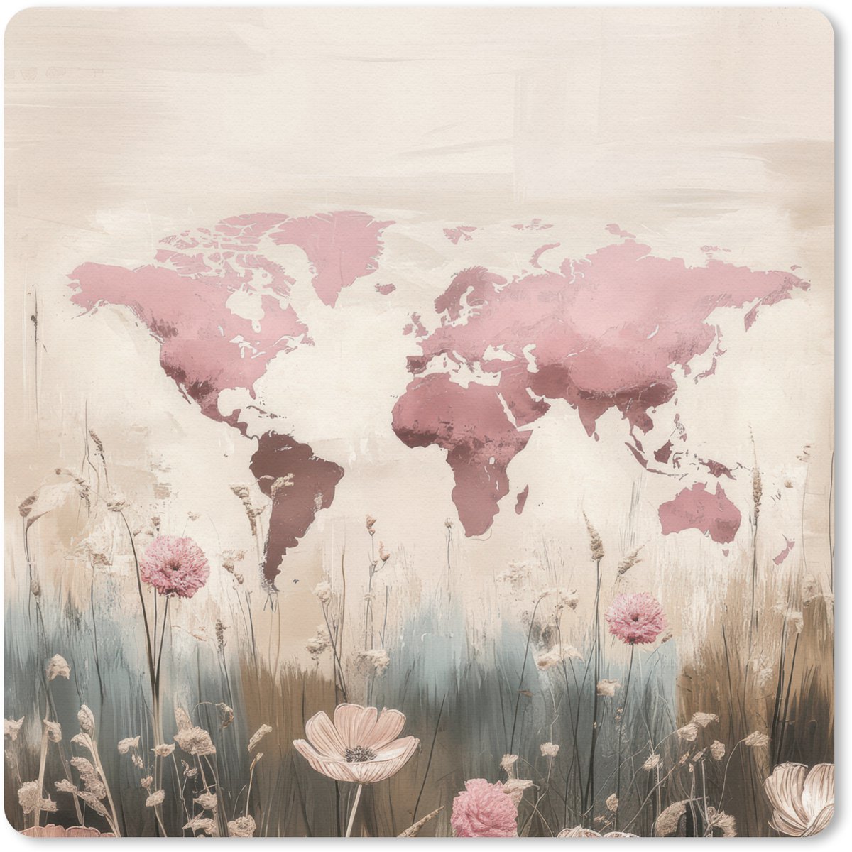Muismat 30x30 cm - Mousepad Wereldkaart - Roze - Bloemen - Muismatten