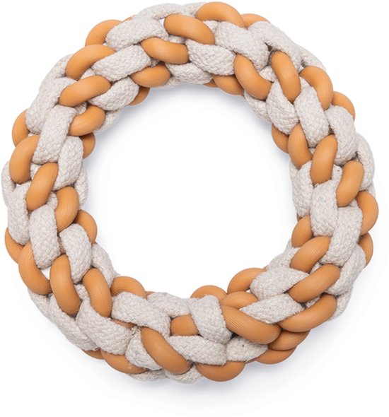 Ronde, gevlochten touwring voor honden in beige en bruin, geïsoleerd op een witte achtergrond.