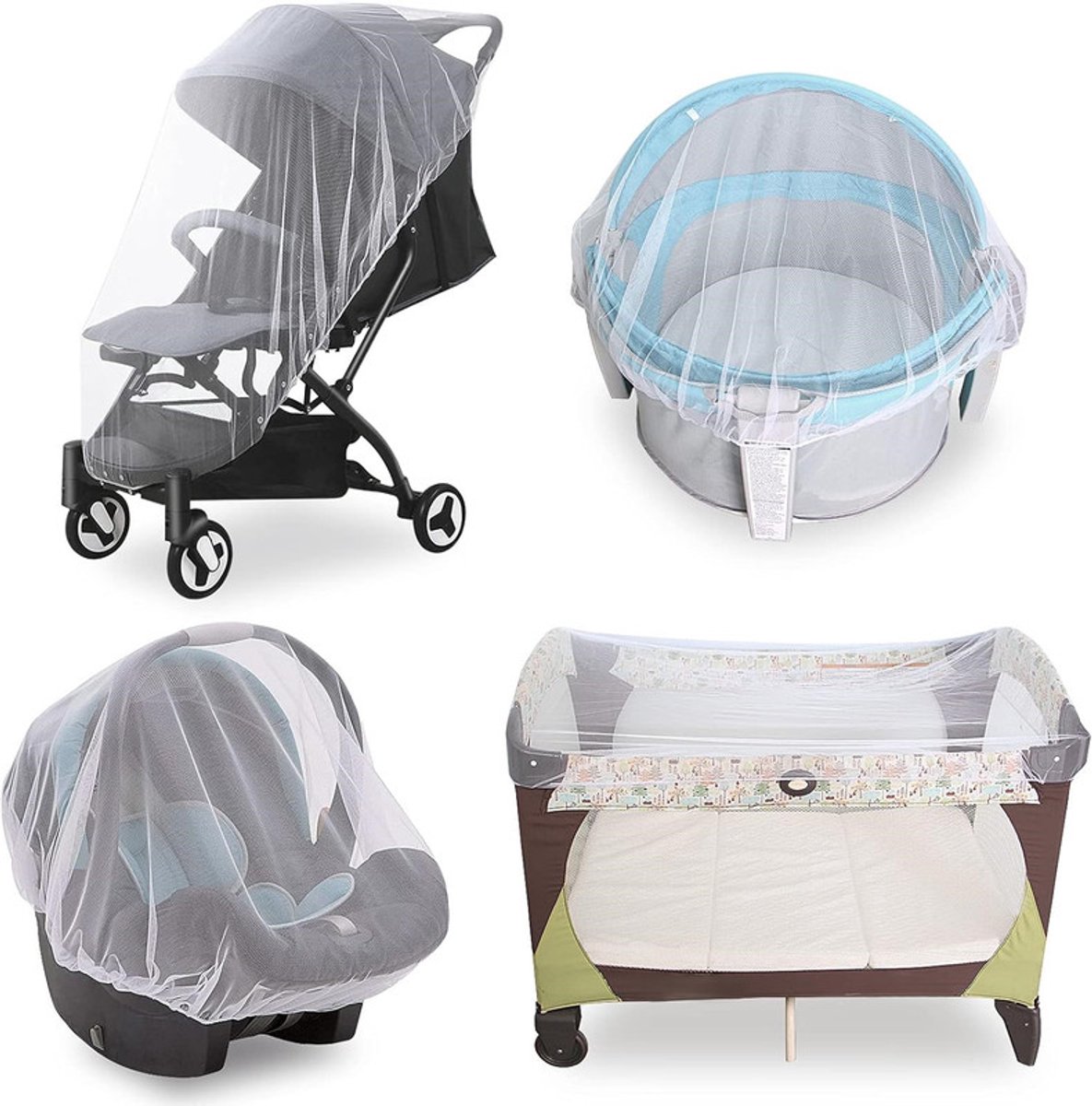 Image of 4 stuks Baby Muggennet voor Kinderwagen, Herbruikbaar Muggennet voor Kinderwagen, Wiegjes, Wiegjes, Box N Plays en Draagbare Miniwieg, Draagbaar & Duurzaam Baby Muggennet (Alleen Muggennet) - Wit