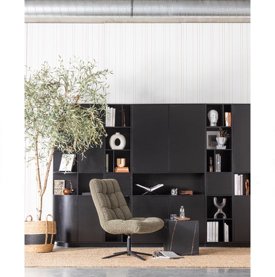 Zwarte boekenkast met diverse open en gesloten vakken, een groene fauteuil en een grote groene plant.