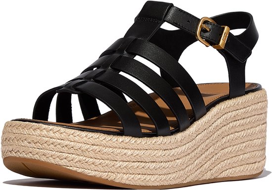 Espadrilles à plateforme FitFlop . Sandales compensées style pêcheur en cuir NOIR - Taille 39