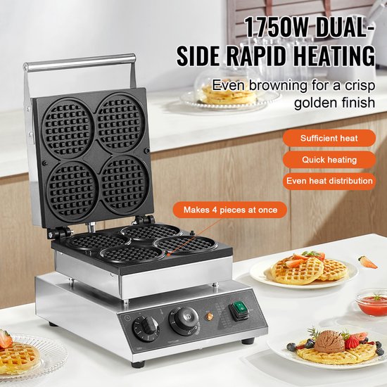 CommerciëLe Wafelmaker, 4-Delig, Rond, 1750 W, Roestvrij Staal met Antiaanbaklaag, Temperatuur- En Tijdregeling, voor Restaurant, Bakkerij, Snackbar, Familie — afbeelding 5