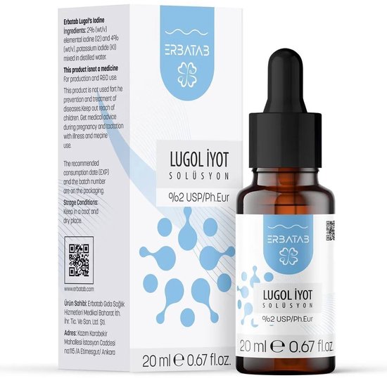 Foto: Erbatab druppels lugol jodium 2 ondersteunt de gezondheid van de schildklier reguleert de stofwisseling versterkt het immuunsysteem draagt bij aan de gezondheid van de huid en het haar optimaliseert de algemene lichaamsfuncties 20 ml