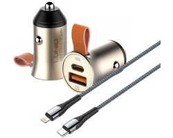 Auto Oplader - USB C naar Geschikt voor: Lightning Kabel (1M) LC111 zwart & Auto Stekker - USB A & C Snel Lader 30W - PD20W/QC3.0 Autolader