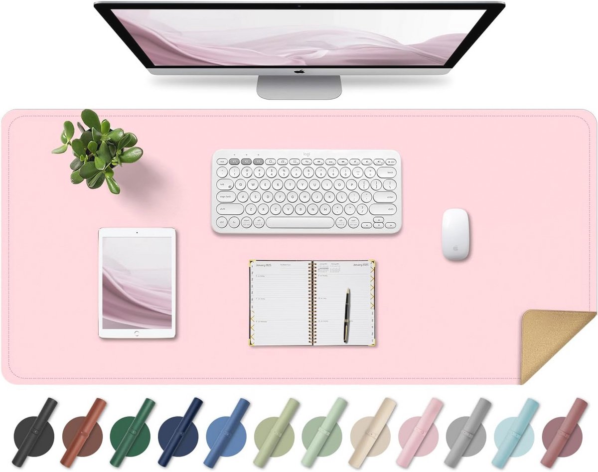 Grote Dubbelzijdige Bureau Mat - Kurk & Leren Bureau Mat, Anti-slip Bureau Beschermmat voor Kantoor en Laptop (Roze, 140x43CM)