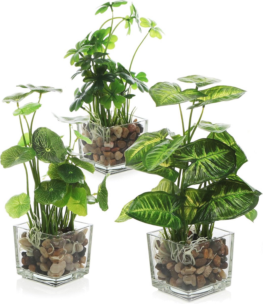 Set van 3 kunstplanten met glazen potten - Realistische imitatie groene tafeldecoratie