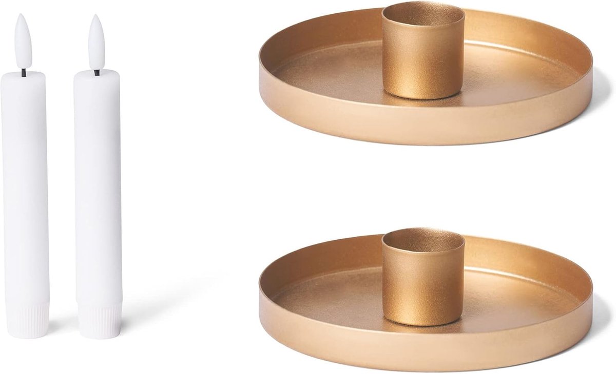 Novaliv set van 2 kaarsenhouders 14 cm metalen ronde tafelkaarsen mat gouden kaarsenhouder met echte wax LED-kaars premium flikkerend effect kerstdecoratie kaarsenhouder kerst scandinavisch chic