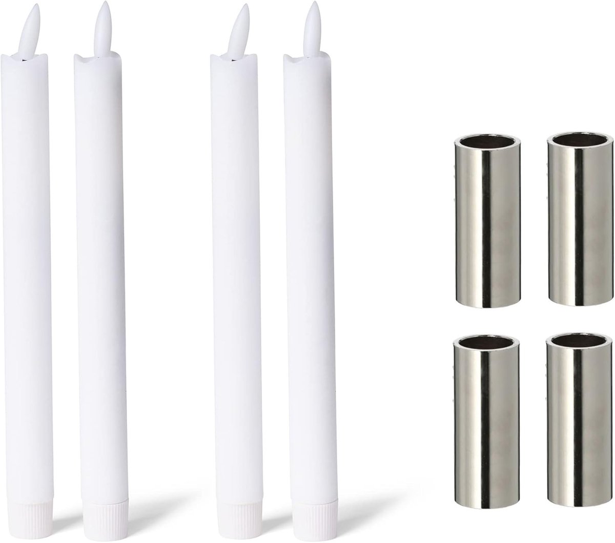 Moderne zilveren magnetische kaarsenhouders met LED-stokkaars en echte was, ideaal voor kersttafeldecoratie.