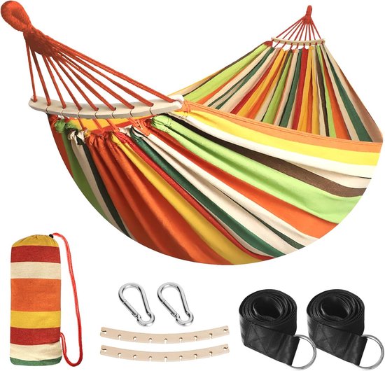 ANYOO Katoenen Hangmat – Met Gebogen Houten Spreidstang, 210x150 Cm, Draagbaar, Tot 200 Kg, Inclusief Reistas