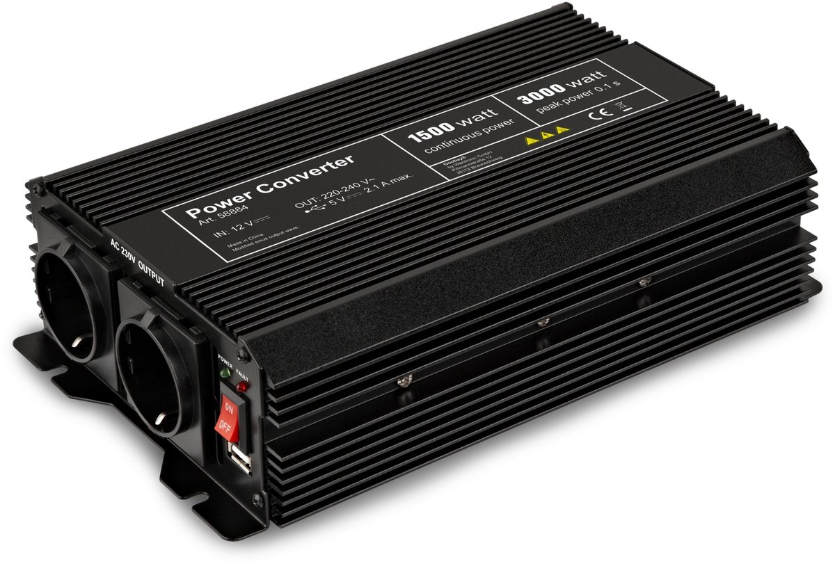 12V naar 230V Gemodificeerde Sinus Spanningsomvormer - 1500W - Premium - Zwart