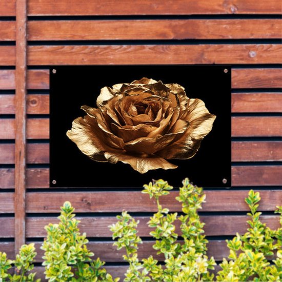Gouden roos met metallic glans - Roos tuinposter - Tuinschilderijen bloem - Goud - Decoratie voor buitenmuren - Wanddecoratie - tuinposter 60x40 cm
