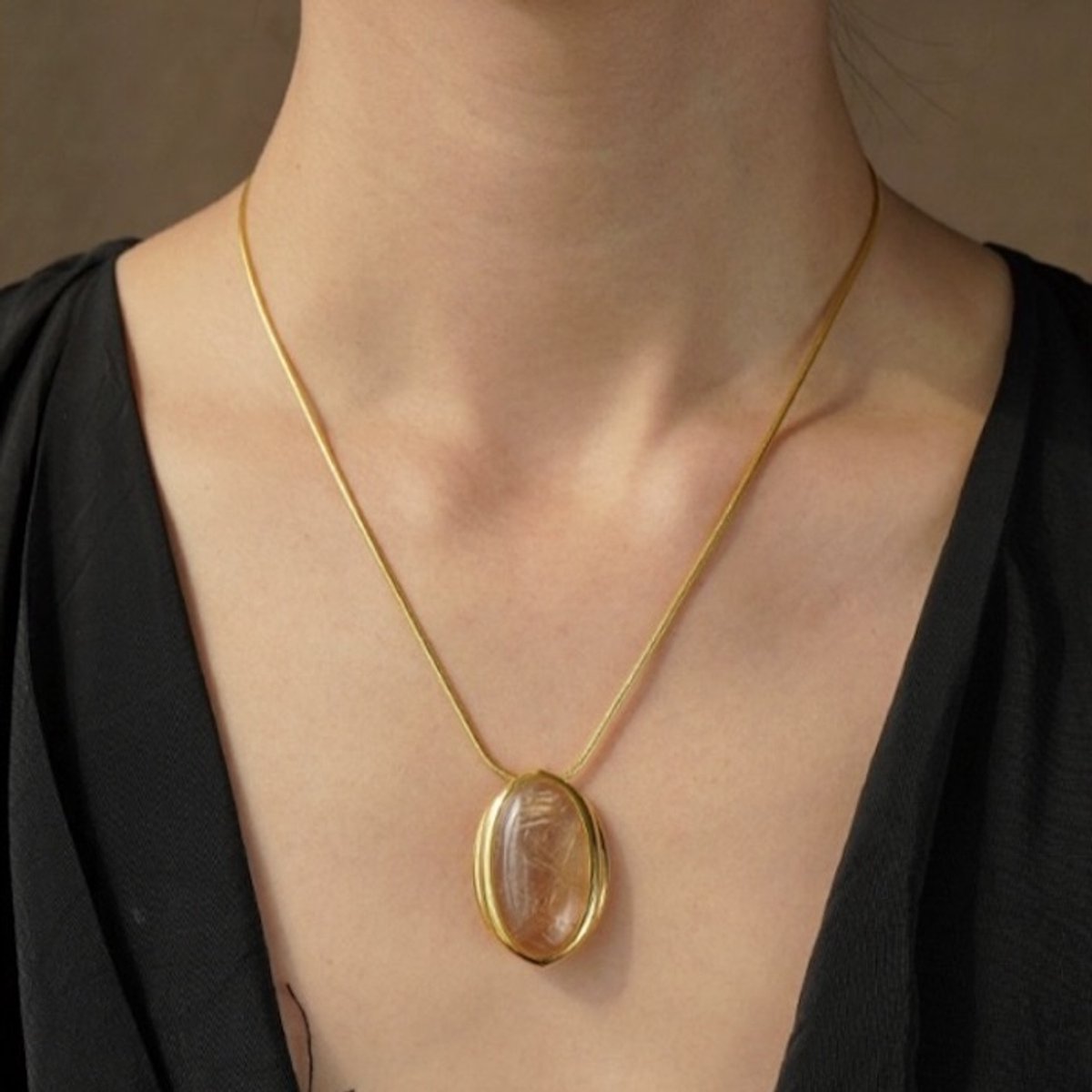 Minimalistische Goud Rutielkwarts Ovale Hanger Ketting