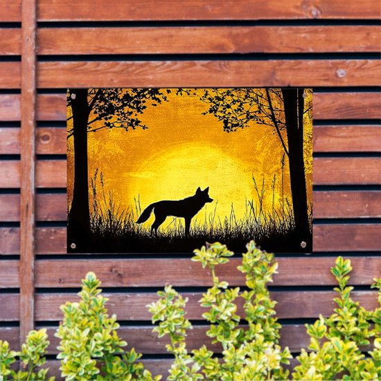 Wolf silhouet met zonsondergang - Wolf tuindecoratie - Tuinwanddecoratie dieren - Silhouet - Muurdecoratie buiten - Poster voor buitengebruik - tuinposter 75x50 cm