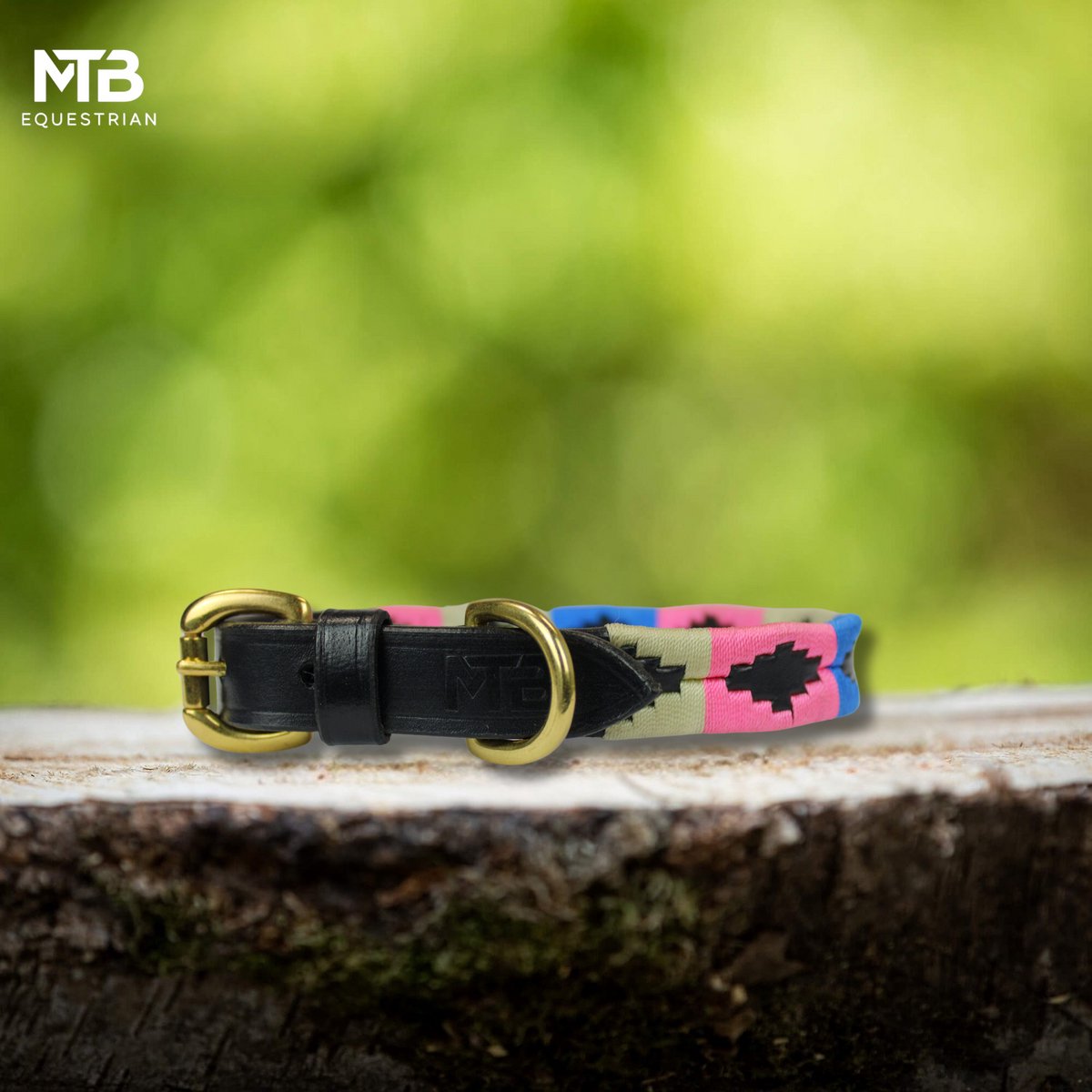 Leren Hondenhalsband – Roze-Wit-Blauw Polo Design – Maat S – Handgemaakt & Comfortabel – MTB Equestrian
