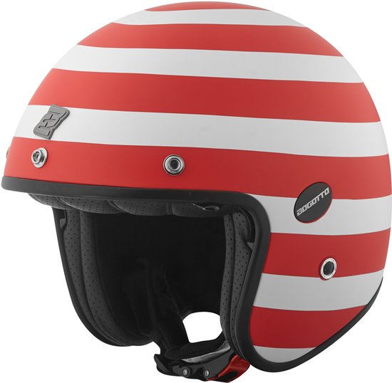 Casque rayé rouge et blanc avec bordure en cuir noir et logos de marque.