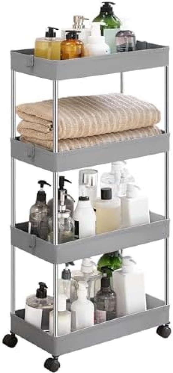 PolkaHome Keukentrolley met 4 Planken, 6 Verstelbare Haken, 360° Draaibare Wielen, Grijs - Opbergwagen voor Keuken, Badkamers en Kantoren