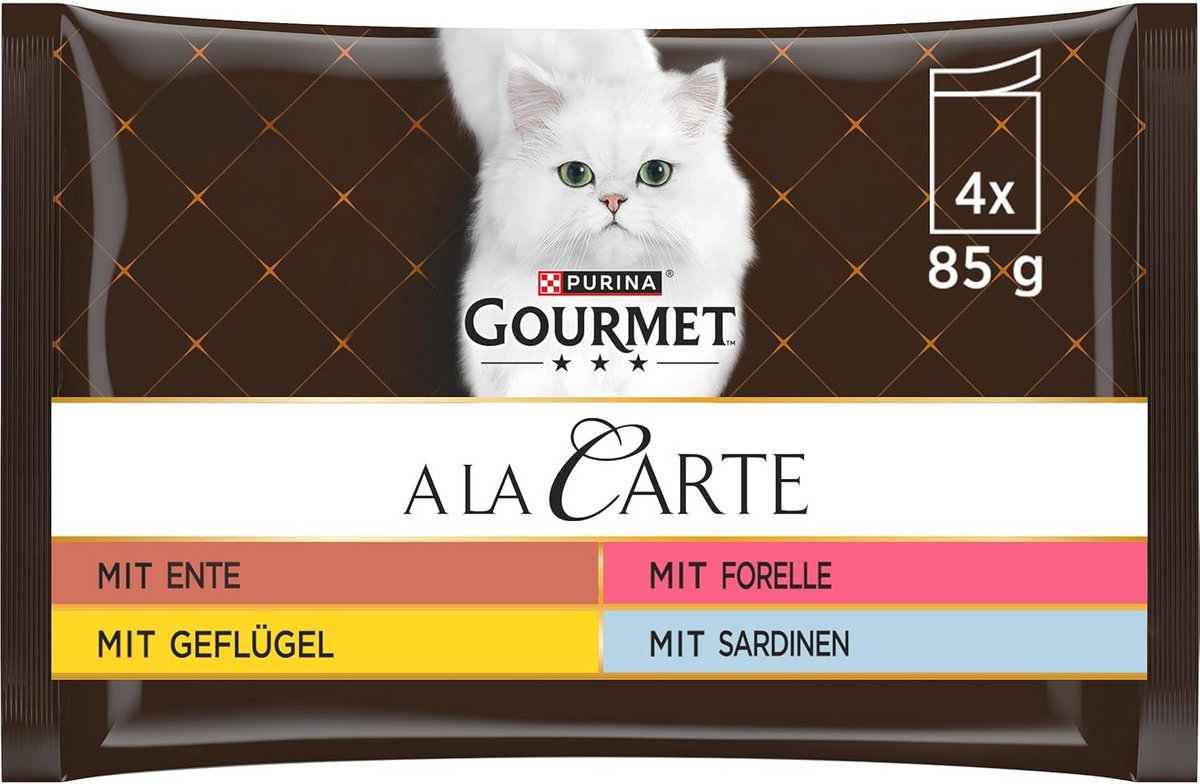 Natuurlijk Natvoer voor katten met Eend, Gevogelte, Forel en Sardine - 48 Maaltijdzakjes