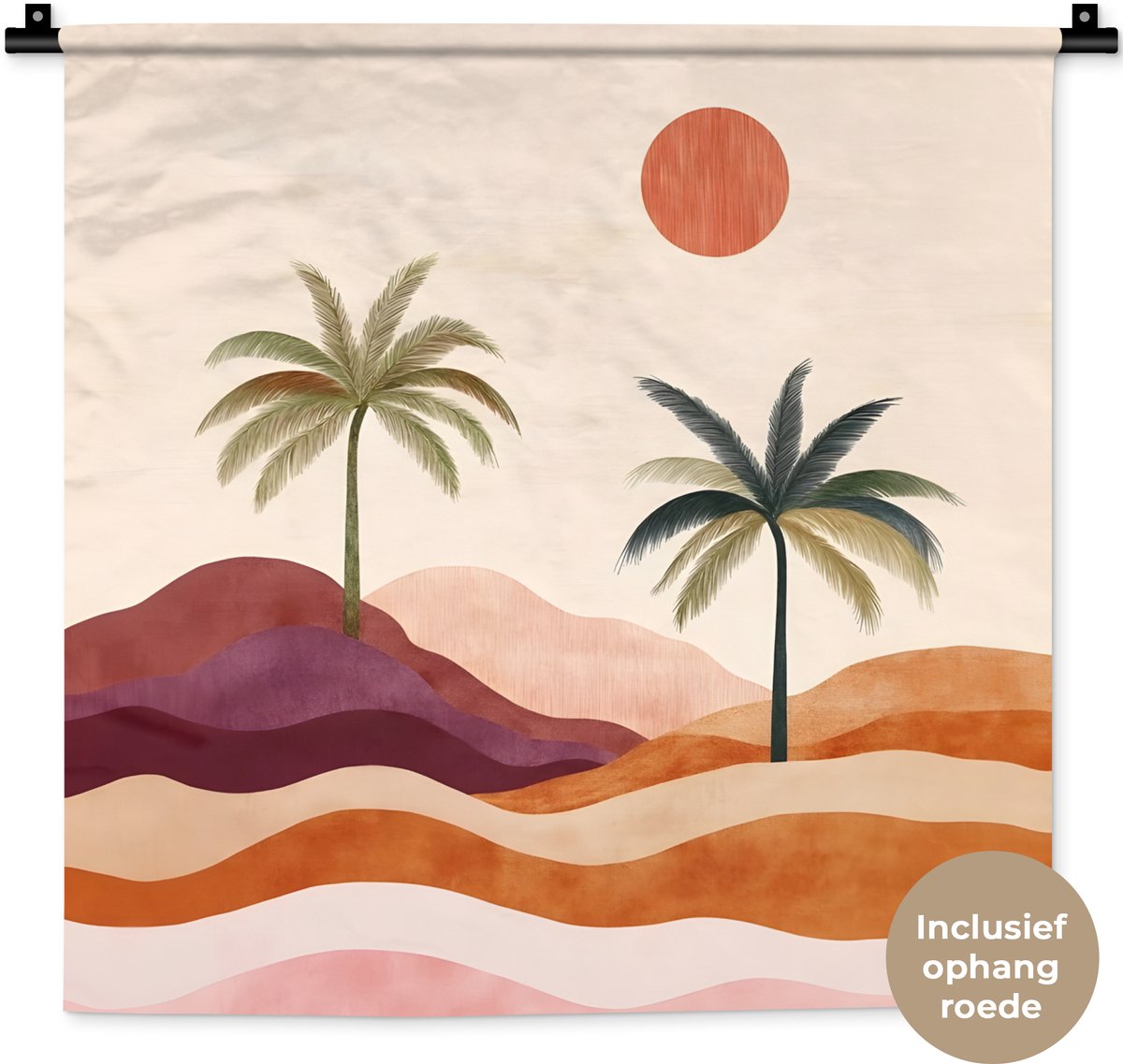 Wandkleed 60x60 cm - Wanddoek Palmbomen - Abstract - Zon - Heuvels - Wandtapijt - Wandkleden