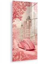 MuchoWow® Glasschilderij 60x120 cm - Schilderij acrylglas - City - Car - Pink - Foto op glas - Muurdecoratie woonkamer - Wanddecoratie slaapkamer - Schilderijen