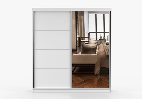 Armoire Posa 42 - Armoire 2 portes coulissantes avec miroir, 3 tiroirs et tringle à vêtements - Armoire pour chambre, hall et salon - Armoire moderne avec grand espace de rangement (Wit)