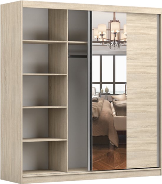 Armoire Posa 42 - Armoire 2 portes coulissantes avec miroir, 3 tiroirs et tringle à vêtements - Armoire pour chambre, hall et salon - Armoire moderne avec grand espace de rangement (Wit)