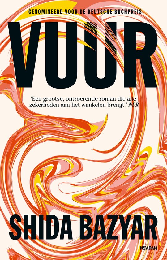 Boekomslag met de titel 'Vuur' in grote zwarte letters, tegen een achtergrond van wervelende rode, oranje en gele kleuren.