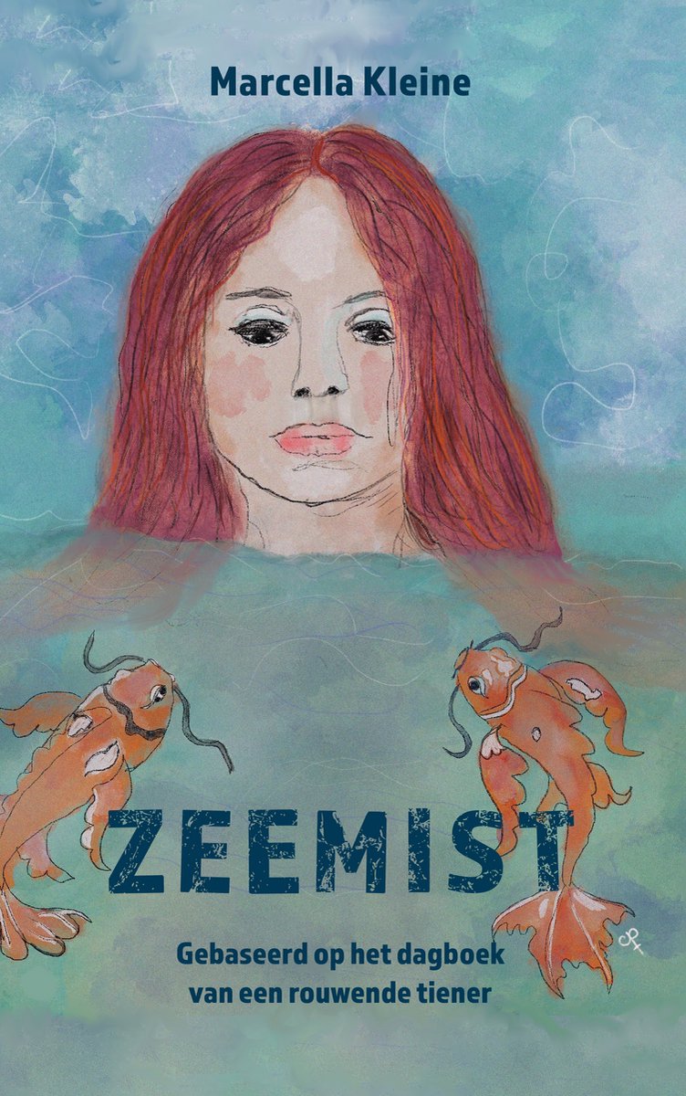 Boekomslag met tekening van een vrouw met rood haar in water, met twee vissen en titel.
