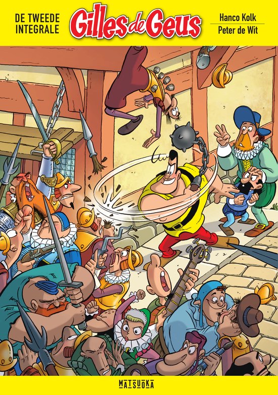 Een stripboekcover met veel personages, een grote man met een geel shirt en een strijdvlegel.