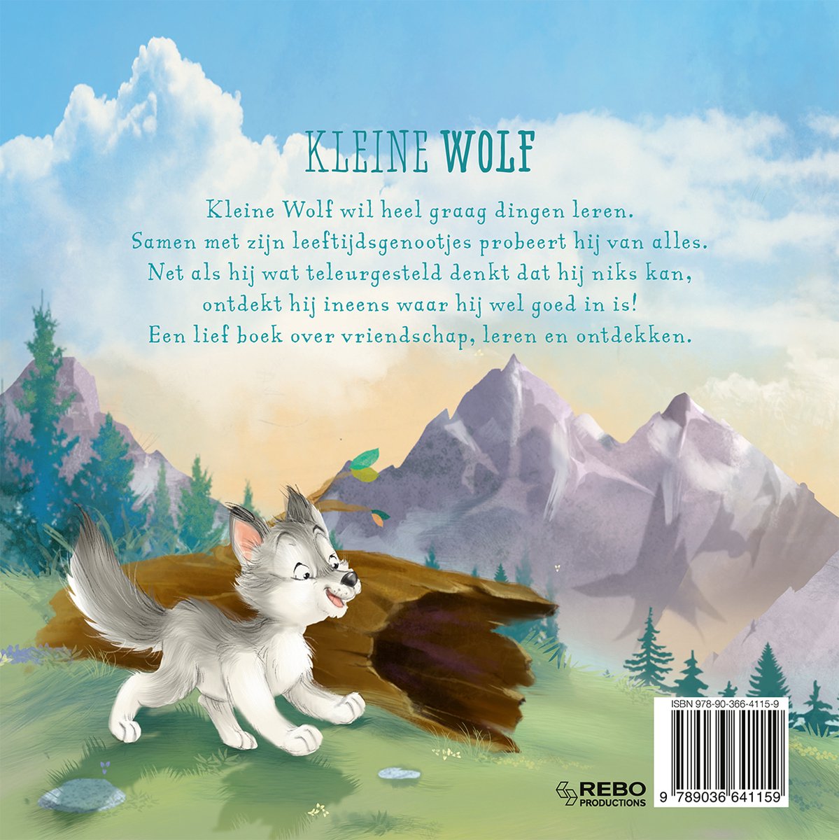 Achterkant van het boek 'Kleine Wolf' met een grijze wolf pup op een bosgrond, met bergen op de achtergrond. Tekst is in het Nederlands.