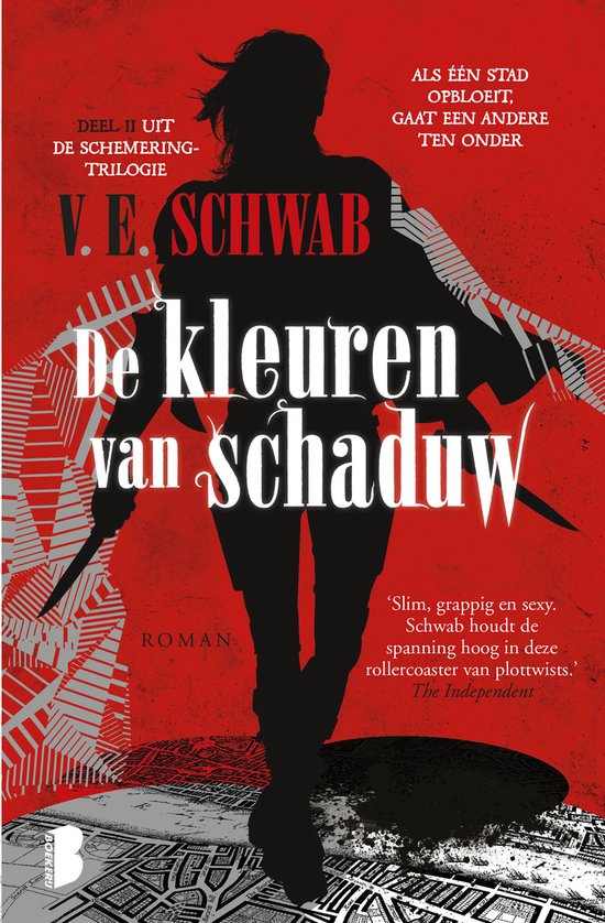Boekomslag van 'De kleuren van schaduw' met silhouet van figuur met messen op rode achtergrond.