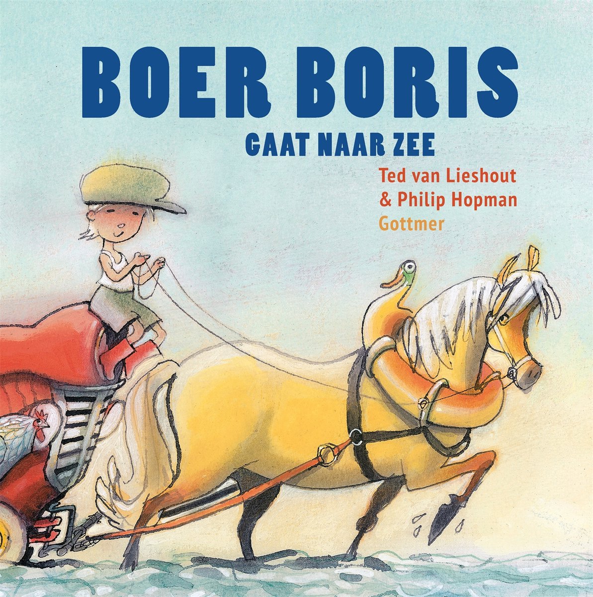 Boer Boris gaat naar zee, getrokken door een paard.