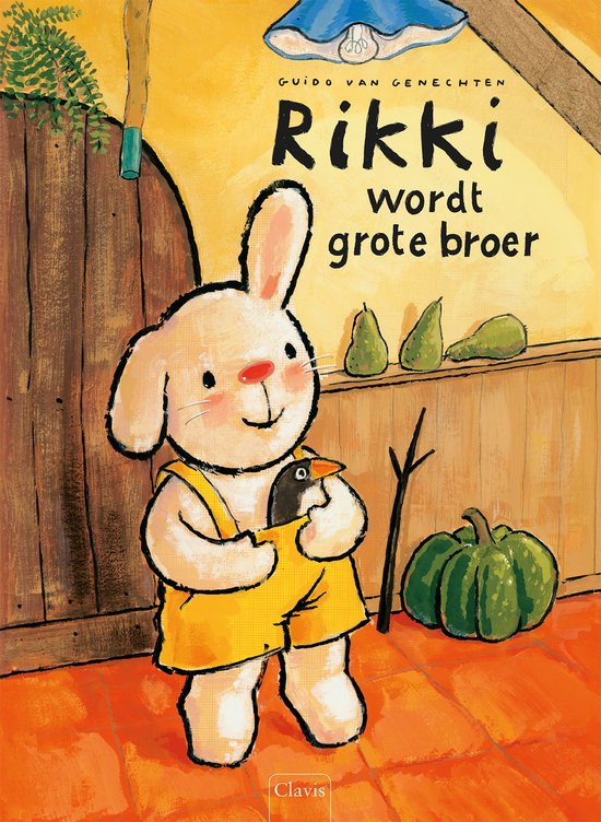 Een konijn in een gele overall met een vogel in zijn zak. Achtergrond van een keuken met peren en pompoen.