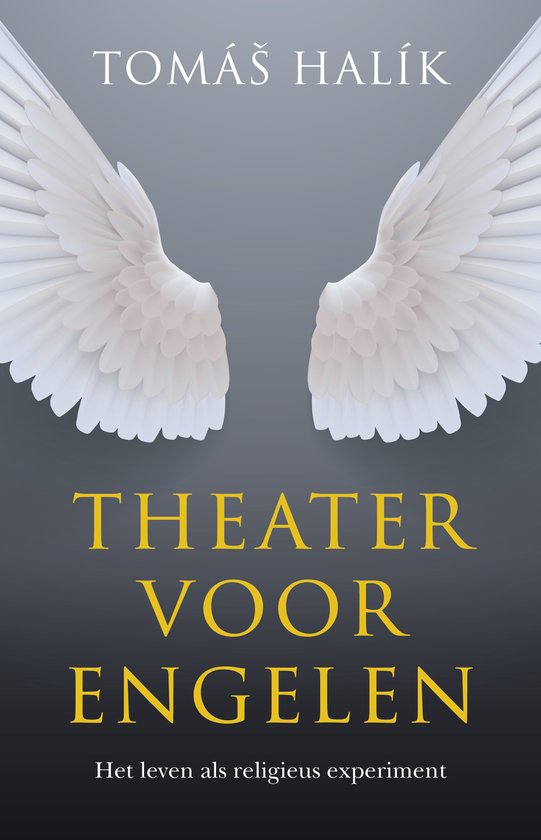 Livre 'Theater voor Engelen' avec des ailes d'ange blanches et un texte jaune.