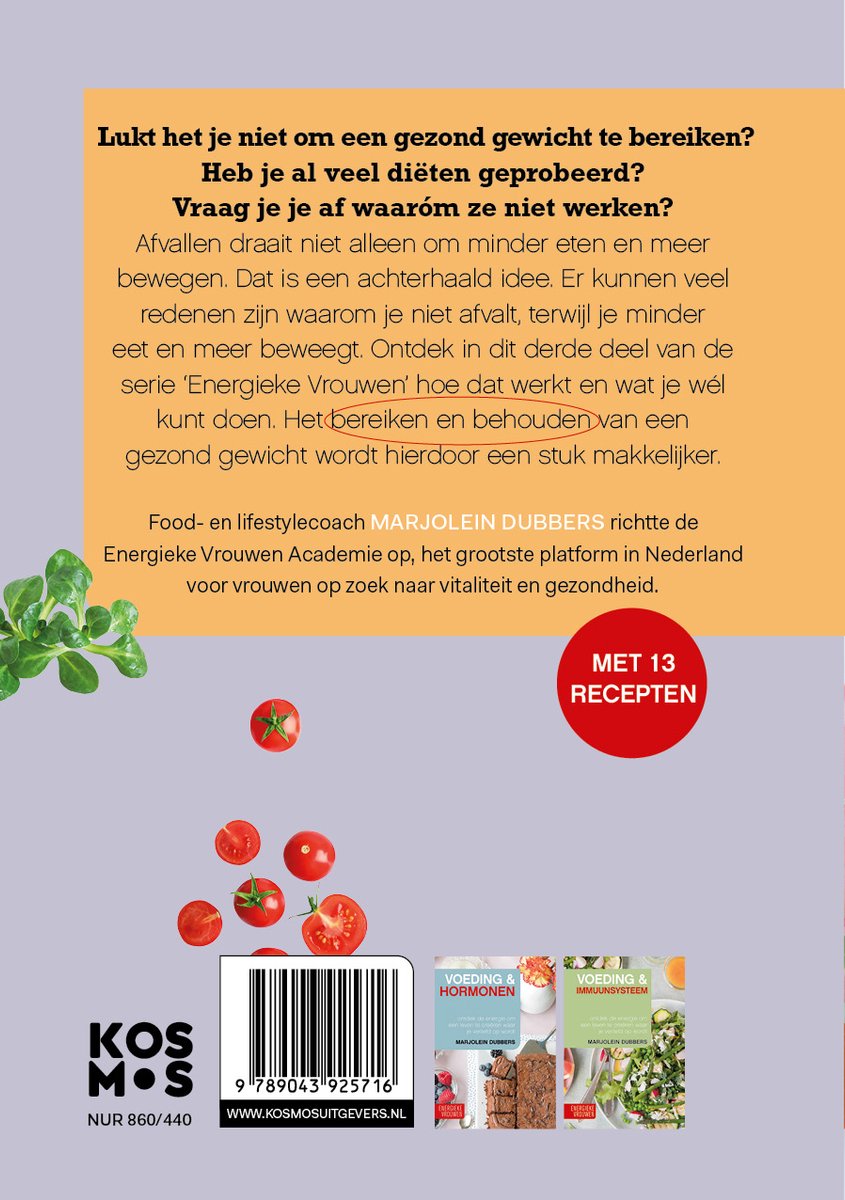 Boek 'Energieke vrouwen 3' met tekst over afvallen en recepten, plus kleine afbeeldingen van tomaten en drie boekomslagen.