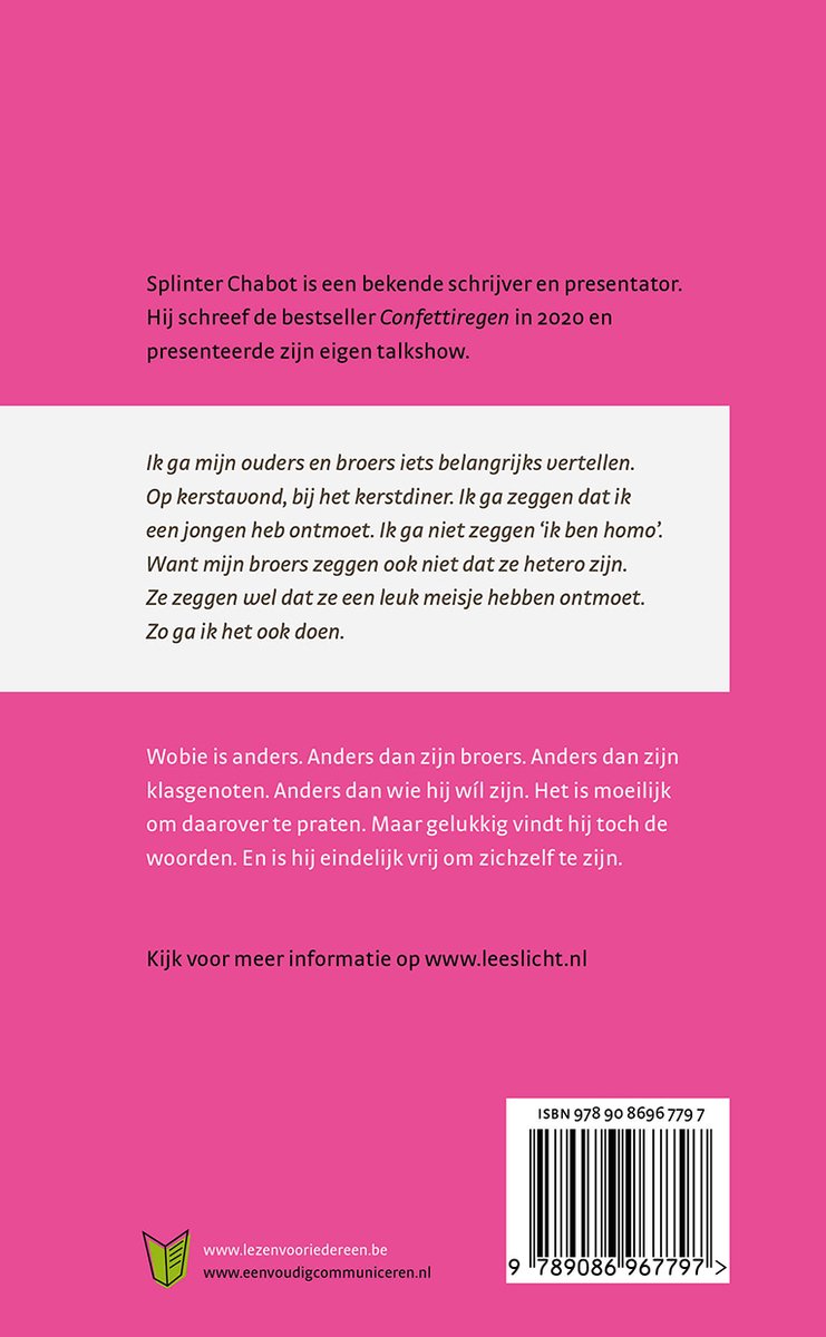 Roze achterkant met tekst over Splinter Chabot en het boek Confettiregen. Een tekstblok begint met 'Ik ga mijn ouders en broers iets belangrijks vertellen.' en eindigt met 'Zo ga ik het ook doen.'